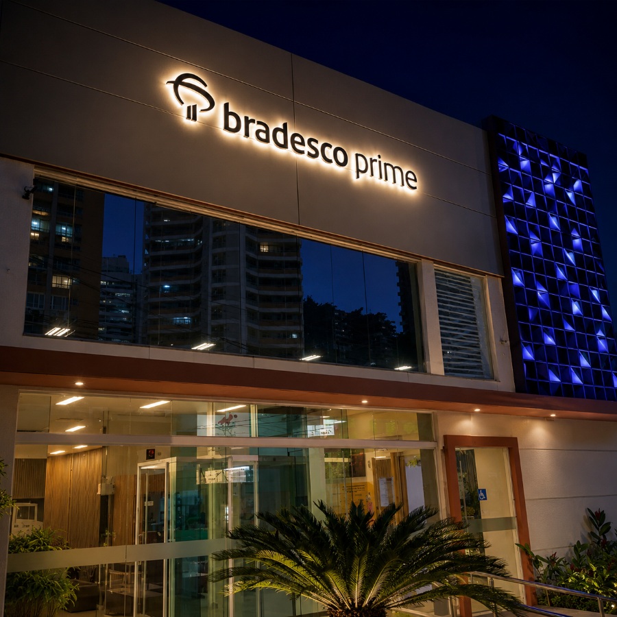 Prédio Bradesco Prime iluminado